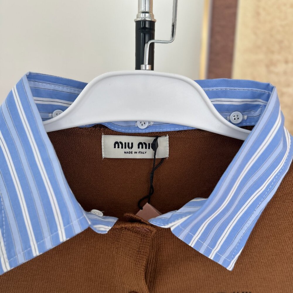 NWT Women's Brown Wool Miu Miu Cardigan with Blue Striped Collar Sz L - Picture 6 of 7